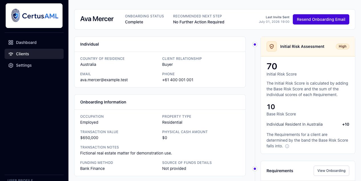 CertusAML Client Details page showing client information, onboarding status, and an initial risk assessment